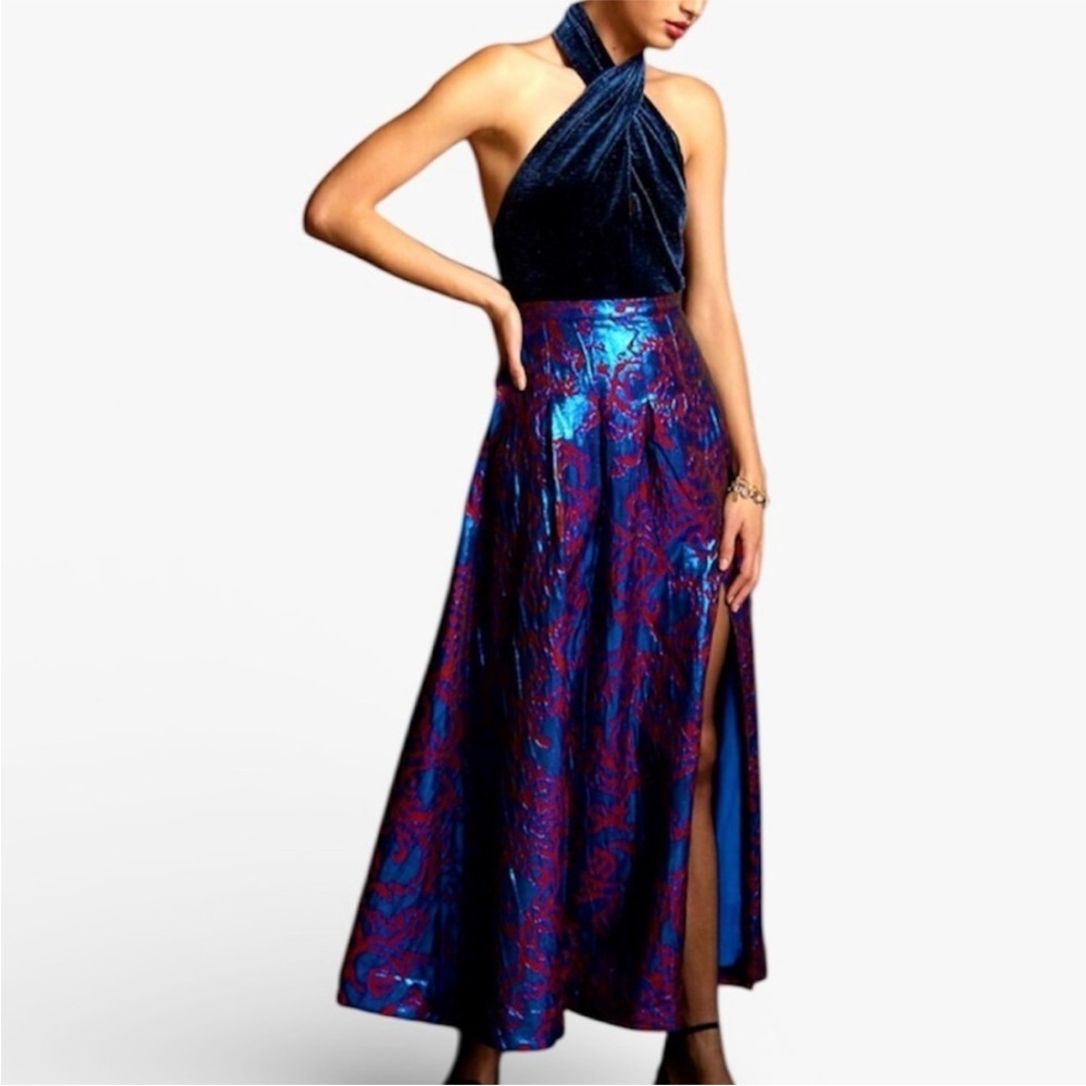NWT Maeve Anthropologie Metallic Blue Coral Print Midi Skirt